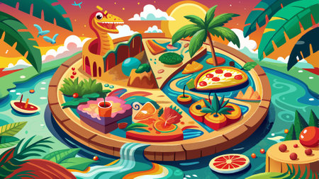 An exotic pizza paradise fusion feast, featuring pizzas with unique international toppings and flavo. AI generated. Vector iconのイラスト素材