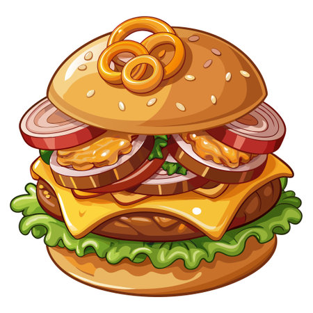 Gourmet kraft barbecue cheeseburger with bacon and onion rings. Closeup of delicious fresh handmade. AI generated. Vector iconのイラスト素材