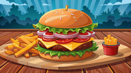 Flavorful beef burger with a juicy patty, crispy bacon, fresh vegetables, and melted cheese, served . AI generated. Vector iconのイラスト素材