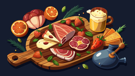 Board with various hams. Various hams or beer snacks on wooden board isolated on beautiful empty dar. AI generated. Vector iconのイラスト素材