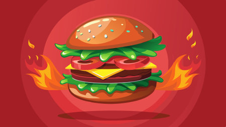 Floating burger isolated on red background with fire. Ingredients of a delicious burger with ground. AI generated. Vector iconのイラスト素材