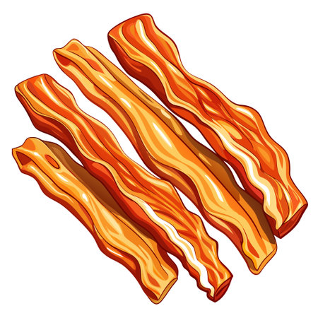 Five crispy strips of golden brown bacon, perfectly cooked and isolated on a transparent background,. AI generated. Vector iconのイラスト素材