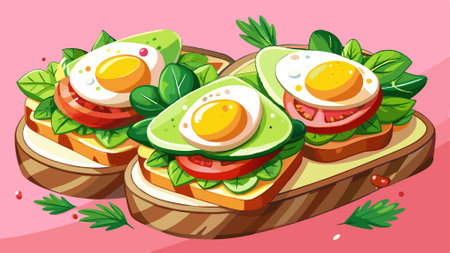 Delicious sandwiches featuring avocado arugula boiled eggs and mozzarella cheese on fried toast disp. AI generated. Vector iconのイラスト素材