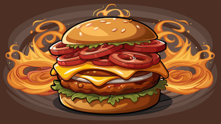 A smoky BBQ bacon burger, loaded with crispy bacon, melted cheddar cheese, crispy onion rings, and f. AI generated. Vector iconのイラスト素材