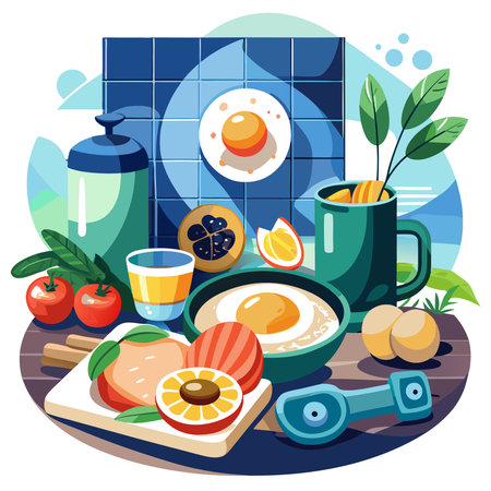 A fitness enthusiast s breakfast featuring eggs, showing their role in muscle building and providing. AI generated. Vector iconのイラスト素材