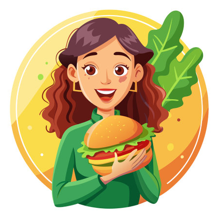 A person is holding a hamburger with lettuce and tomato on it. The first person viewed an instagram. AI generated. Vector iconのイラスト素材