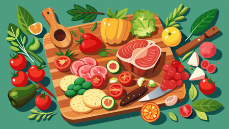 A wooden cutting board with a variety of meats and vegetables, including tomatoes and olives. The pr. AI generated. Vector iconのイラスト素材
