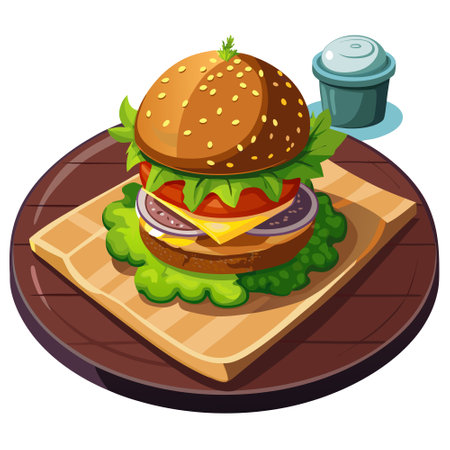 A beautifully crafted homemade hamburger on a dark, intimate dinner table. The burger features a per. AI generated. Vector iconのイラスト素材