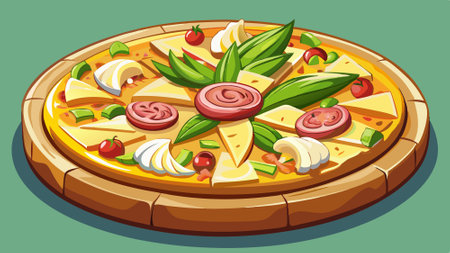 Appetizing Hawaiian pizza, composed with ham, grilled chicken, bacon, pineapple, green peppers, onio. AI generated. Vector iconのイラスト素材