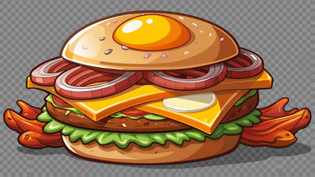 A bacon cheeseburger with a pretzel bun, two juicy beef patties, melted cheddar cheese, crispy bacon. AI generated. Vector iconのイラスト素材