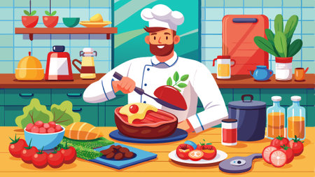 In the kitchen, a gourmet chef meticulously prepares a delicious steak breakfast, placing the juicy. AI generated. Vector iconのイラスト素材