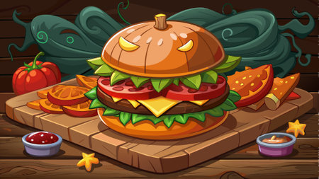 Cheeseburger, Homemade, Halloween concept. Close-up photography of Delicious and tasty Cheeseburger. AI generated. Vector iconのイラスト素材