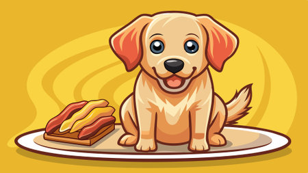 A golden retriever puppy with a short coat and floppy ears is sitting next to a plate of bacon strip. AI generated. Vector iconのイラスト素材