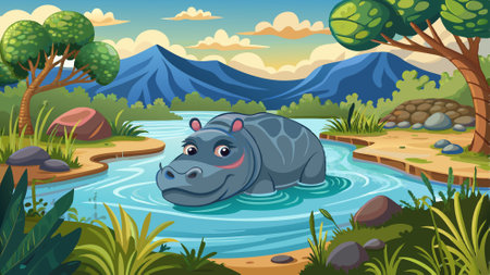Hippopotamus in the river. AI generated. Vector iconのイラスト素材