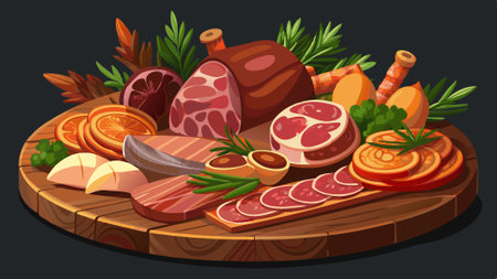 A wooden platter with various meat products including bacon, hungeons and salami. The background is. AI generated. Vector iconのイラスト素材