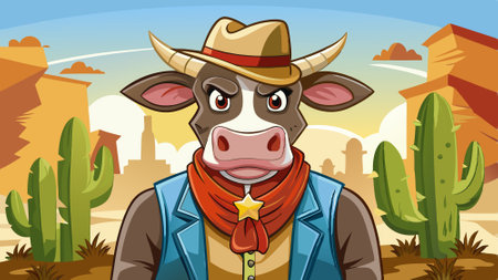 Cow wearing cowboy gear. AI generated. Vector iconのイラスト素材