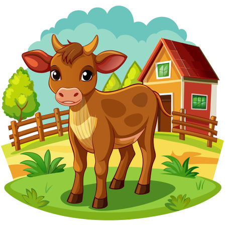 A brown baby cow on a farm. AI generated. Vector iconのイラスト素材