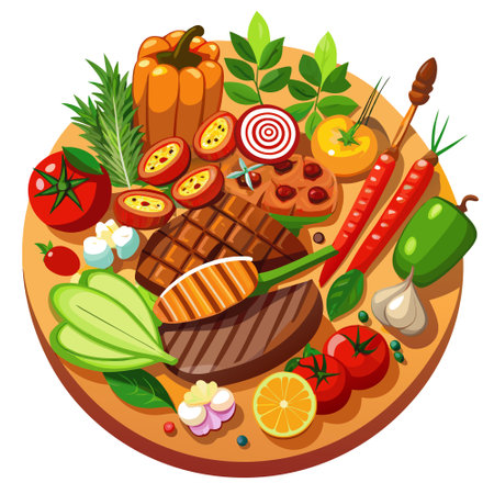 Grilled meat and vegetables. AI generated. Vector iconのイラスト素材