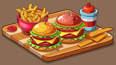 A wooden cutting board is shown with three hamburgers stacked with bacon and pickles, served alongsi. AI generated. Vector iconのイラスト素材