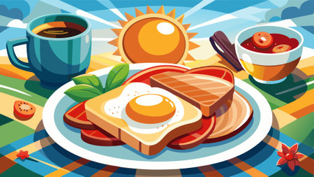 Delicious breakfast with fried egg, crispy bacon, and toast on a plate with a cup of coffee against . AI generated. Vector iconのイラスト素材