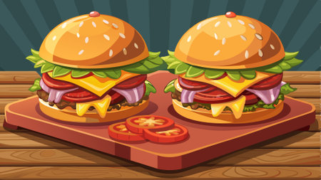 Gourmet Burgers Topped with Cheese and Bacon on Wooden Board. AI generated. Vector iconのイラスト素材