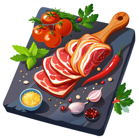 Freshly sliced bacon with spices, cherry tomatoes on slate. AI generated. Vector iconのイラスト素材