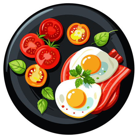 Fried Eggs With Crispy Bacon and Tomatoes on a Black Plate. AI generated. Vector iconのイラスト素材