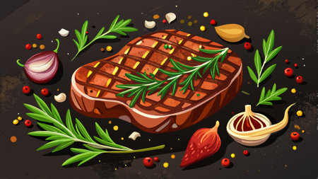 Grilled beef steak with rosemary and spices on a black background.. AI generated. Vector iconのイラスト素材