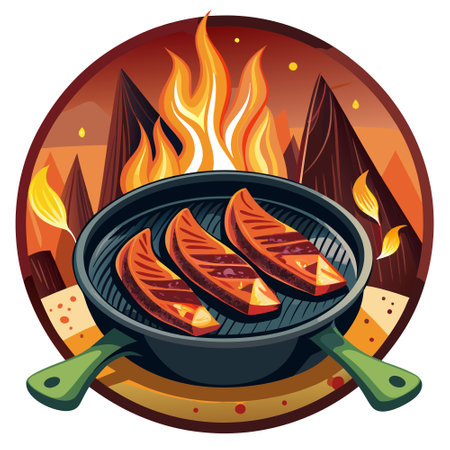 Blackened catfish fillets crackle in bacon fat over an open fire. AI generated. Vector iconのイラスト素材