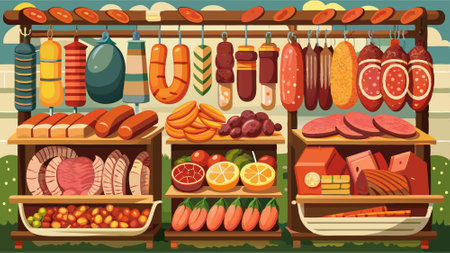 Hung sausages on a rack, variety of sizes and types of cured meats. AI generated. Vector iconのイラスト素材