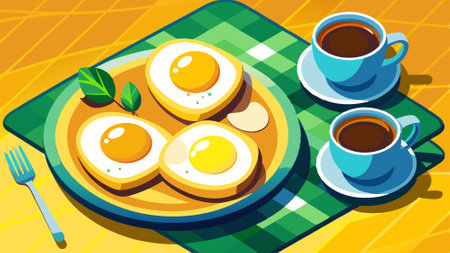 A plate of three eggs with yellow yolks and a cup of coffee. AI generated. Vector iconのイラスト素材