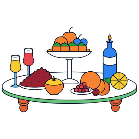 A Bountiful Table: A Feast of Meats and Produce. AI generated. Vector iconのイラスト素材