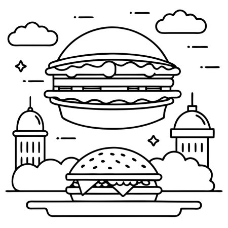 Big fastfood tasty restaurant burger hamburger cheeseburger flying air composition picture. AI generated. Vector iconのイラスト素材