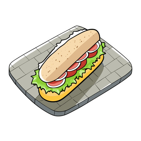 Ciabatta sandwich with prosciutto mozzarella romaine salad on stone background top view. AI generated. Vector iconのイラスト素材