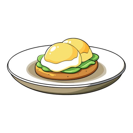 Eggs Benedict on a plate isolated on white transparent background, angle view, ultra realistic, PNG. AI generated. Vector iconのイラスト素材