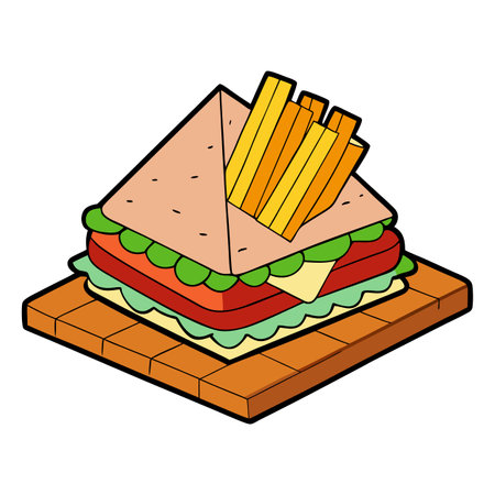 Classic Club Sandwich with Crispy Fries on Rustic Wooden Background, club sandwich, sandwich, crispy. AI generated. Vector iconのイラスト素材