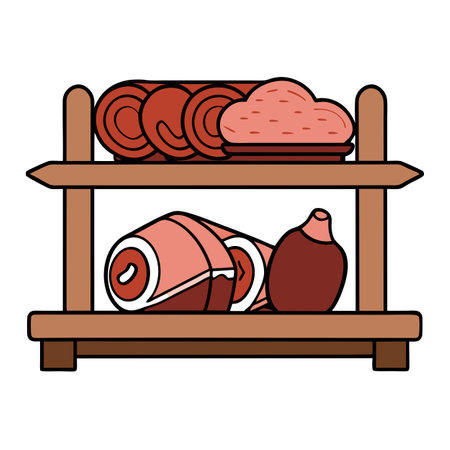A variety of meat products arranged on top of a wooden shelf, Traditional Spanish Iberico ham beauty. AI generated. Vector iconのイラスト素材