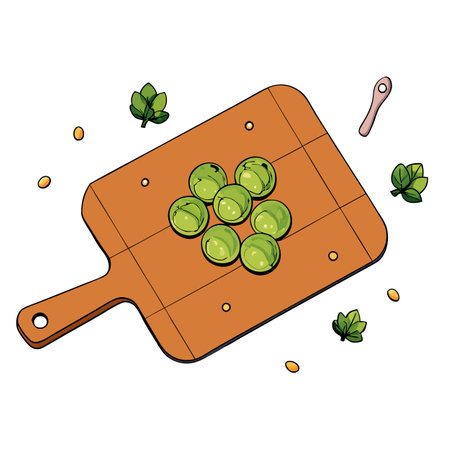 A top-down view of a wooden cutting board with roasted Brussels sprouts and bacon, surrounded by her. AI generated. Vector iconのイラスト素材