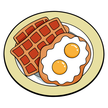Delicious breakfast of waffles with bacon and sunny-side-up eggs on a decorative plate, perfect for . AI generated. Vector iconのイラスト素材