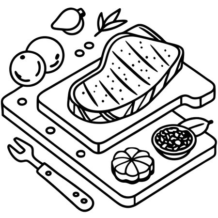 High angle view of a raw fresh beef steak on a wooden cutting board surrounded by various ingredients. AI generated. Vector iconのイラスト素材