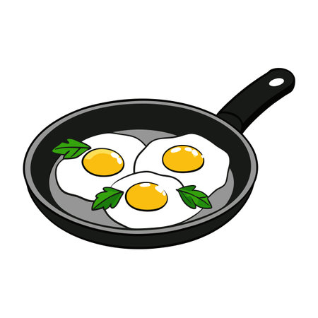 Three fried eggs in a cast-iron skillet, garnished with fresh parsley against a gray backdrop A soli. AI generated. Vector iconのイラスト素材