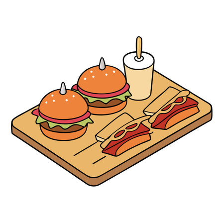 A wooden cutting board is shown with three hamburgers stacked with bacon and pickles, served alongsi. AI generated. Vector iconのイラスト素材