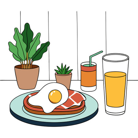 A breakfast scene with pancakes topped with a fried egg, crispy bacon, a glass of milk, a glass of o. AI generated. Vector iconのイラスト素材