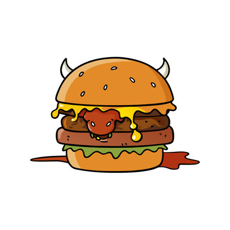 Bull Smash Burger Pieces of beef meatballs, topped with melted cheese, with the special Bull And Sha. AI generated. Vector iconのイラスト素材