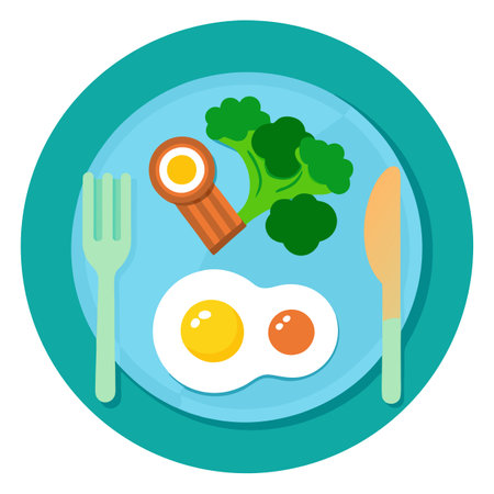 A plate of bacon, eggs, and broccoli on a table. AI generated. Vector iconのイラスト素材