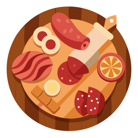 A wooden board with different types of cured meats. AI generated. Vector iconのイラスト素材