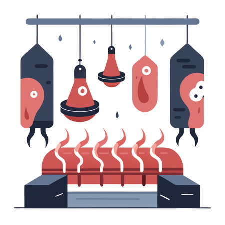A room filled with meat hanging from hooks and smoke. AI generated. Vector iconのイラスト素材