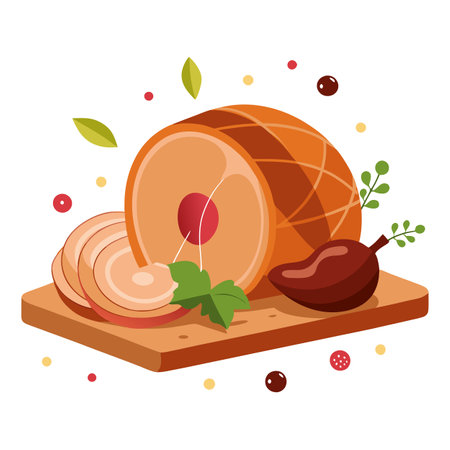 Delicious smoked ham on a wooden board with spices.. AI generated. Vector iconのイラスト素材