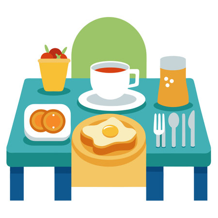 A table set for breakfast with eggs, toast, and orange juice. AI generated. Vector iconのイラスト素材