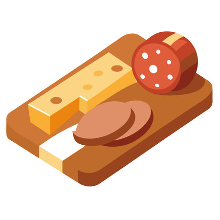 Board with sliced sausage and gourmet cheeses. selective focus. ,. AI generated. Vector iconのイラスト素材